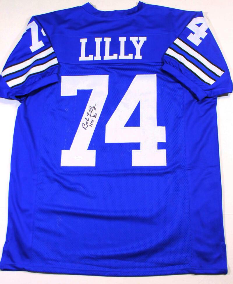 Bob Lilly Autographed Blue Pro Style Jersey w/ HOF '80- JSA Witnessed *7: Bob Lilly Autographed Blue Pro Style Jersey w/ HOF '80- JSA Witnessed *7 Sport: Football Original/Reprint: Original Autograph Authentication: JSA Witness Team: Dallas Cowboys Player: Bob Lilly Pre-Own