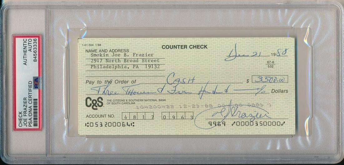 Joe Frazier Boxing Champ Signed/Autographed 1988 Bank Check PSA/DNA 167513: Joe Frazier Boxing Champ Signed/Autographed 1988 Bank Check PSA/DNA 167513 Sport: Boxing Product: Check Original/Reprint: Original Autograph Authentication: PSA/DNA League: Boxing Pre-Owned PLEASE NOT