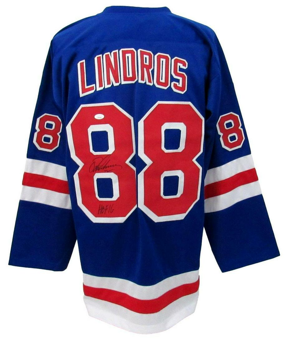 Eric Lindros HOF Signed/Inscr New York Rangers Custom Hockey Jersey JSA 165093: Eric Lindros HOF Signed/Inscr New York Rangers Custom Hockey Jersey JSA 165093 Sport: Hockey-NHL Product: Jersey Original/Reprint: Original Team: New York Rangers Autograph Authentication: JSA League: