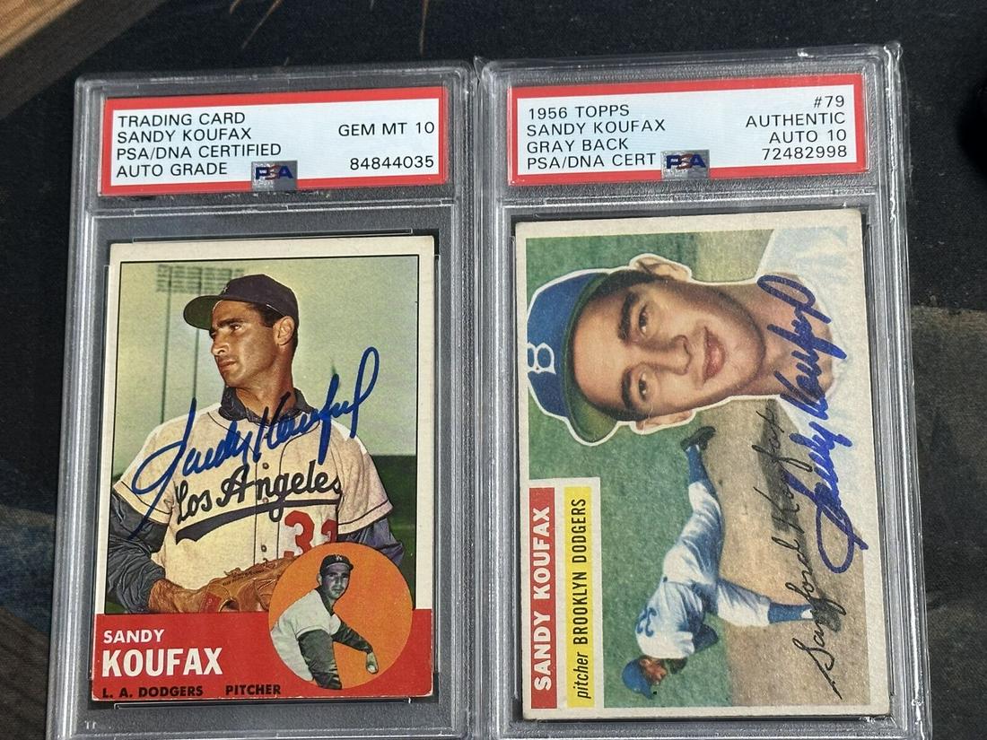 (2) Sandy Koufax 1956 Topps & 1963 Topps Hand Signed Baseball Cards PSA 10: (2) Sandy Koufax 1956 Topps & 1963 Topps Hand Signed Baseball Cards PSA 10 Graded: Yes Sport: Baseball Player/Athlete: Sandy Koufax Grade: 4 League: MLB Professional Grader: PSA Team: Brooklyn Dodgers