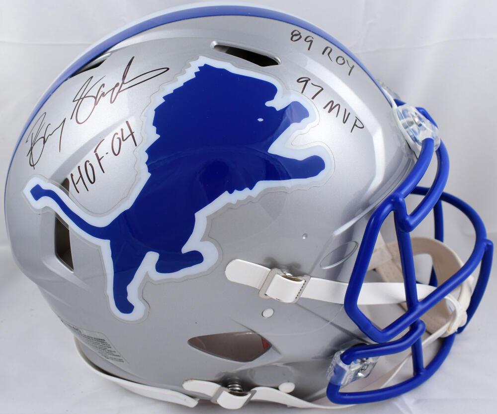 Barry Sanders Signed Lions 83-02 F/S Speed Helmet w/3 Insc.-Beckett W: Barry Sanders Signed Lions 83-02 F/S Speed Helmet w/3 Insc.-Beckett W Sport: Football Product: Helmet Original/Reprint: Original Player: Barry Sanders Team: Detroit Lions Autograph Authentication: Bec