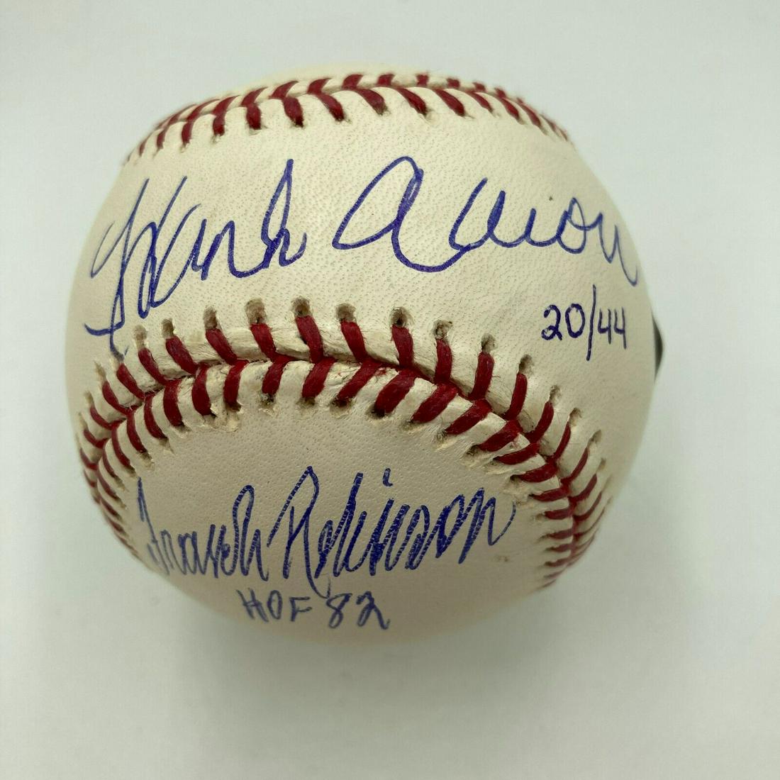 Beautiful Hank Aaron & Frank Robinson Signed Major League Baseball JSA COA: Beautiful Hank Aaron & Frank Robinson Signed Major League Baseball JSA COA Product: Ball Sport: Baseball-MLB Autograph Authentication: James Spence Authentication (JSA) Original/Reprint: Original Pre-