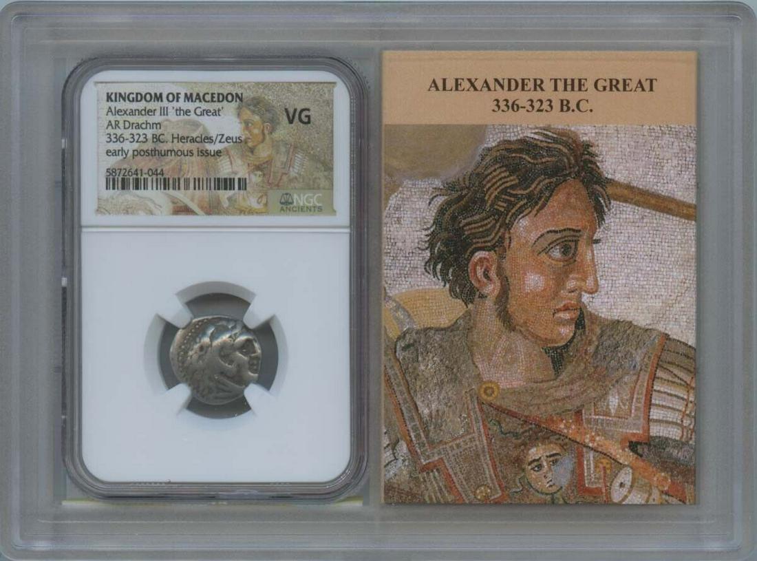 Alexander III The Great 336-323 BC Posthumous Drachm NGC VG 10 Story Vault: Alexander III The Great 336-323 BC Posthumous Drachm NGC VG 10 Story Vault Certification: NGC Certification Number: 5872641044 Denomination: Ancient Greek Grade: VG10 Date: NONE Pre-Owned The MYNT Gua