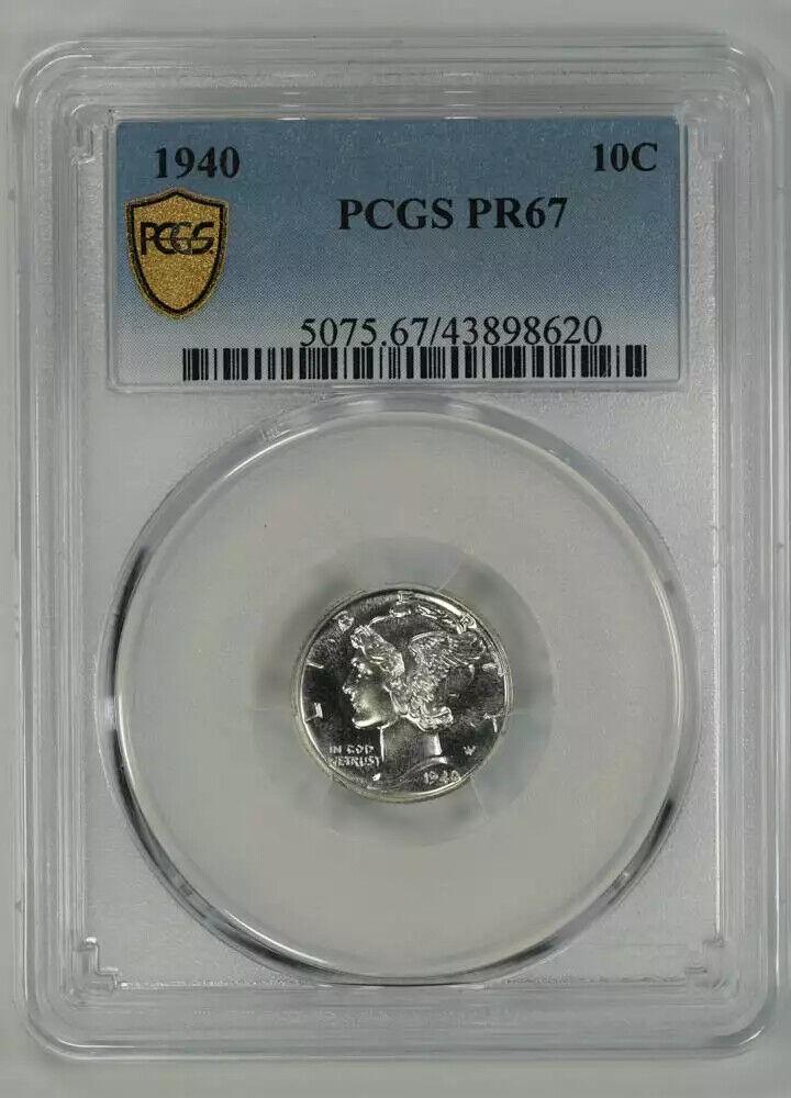 1940 PROOF MERCURY DIME 10C SILVER PCGS CERTIFIED PR 67 PROOF (620): 1940 PROOF MERCURY DIME 10C SILVER PCGS CERTIFIED PR 67 PROOF (620) Certification: PCGS Composition: Silver Grade: PR-67 Year: 1940 Circulated/Uncirculated: Uncirculated Strike Type: PR Mint Location: