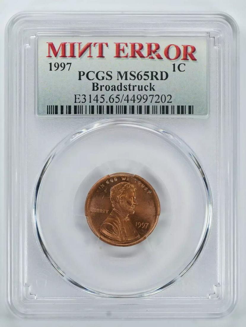 1997 LINCOLN MEMORIAL CENT PENNY 1C PCGS MS 65 RED UNC - ERROR BROADSTRUCK (202): 1997 LINCOLN MEMORIAL CENT PENNY 1C PCGS MS 65 RED UNC - ERROR BROADSTRUCK (202) Certification: PCGS Composition: Copper Grade: MS-65 Year: 1997 Circulated/Uncirculated: Uncirculated Strike Type: MS M