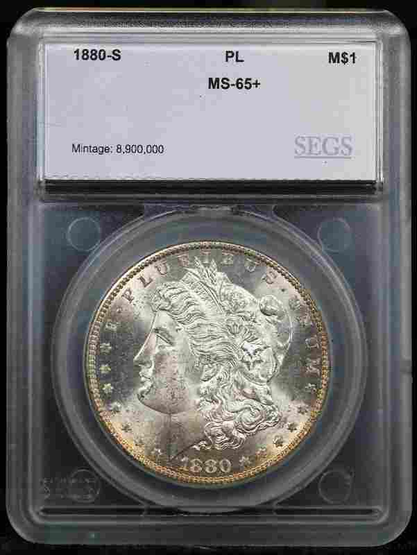1880-s Morgan Dollar $1 Graded ms65+ pl By SEGS: 1880-s Morgan Dollar $1 Graded ms65+ pl By SEGS MYNT Auctions does not necessarily agree with SEGS grade on this example. Please inspect images and conduct your own research before bidding. The MYNT G