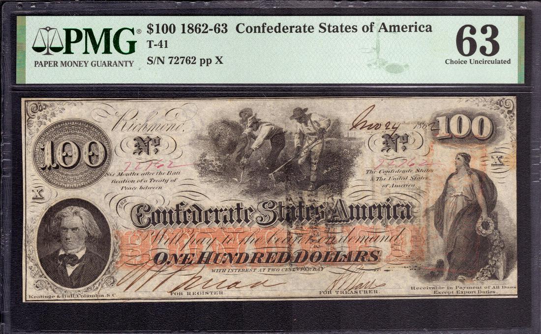 1862 $100 CONFEDERATE STATES OF AMERICA NOTE T-41 HOER PMG CHOICE UNC 63: 1862 $100 CONFEDERATE STATES OF AMERICA NOTE T-41 HOER PMG CHOICE UNC 63 Circulated/Uncirculated: Uncirculated Denomination: $100 Type: Confederate Currency Certification Number: 2184668-040 Grade: 63