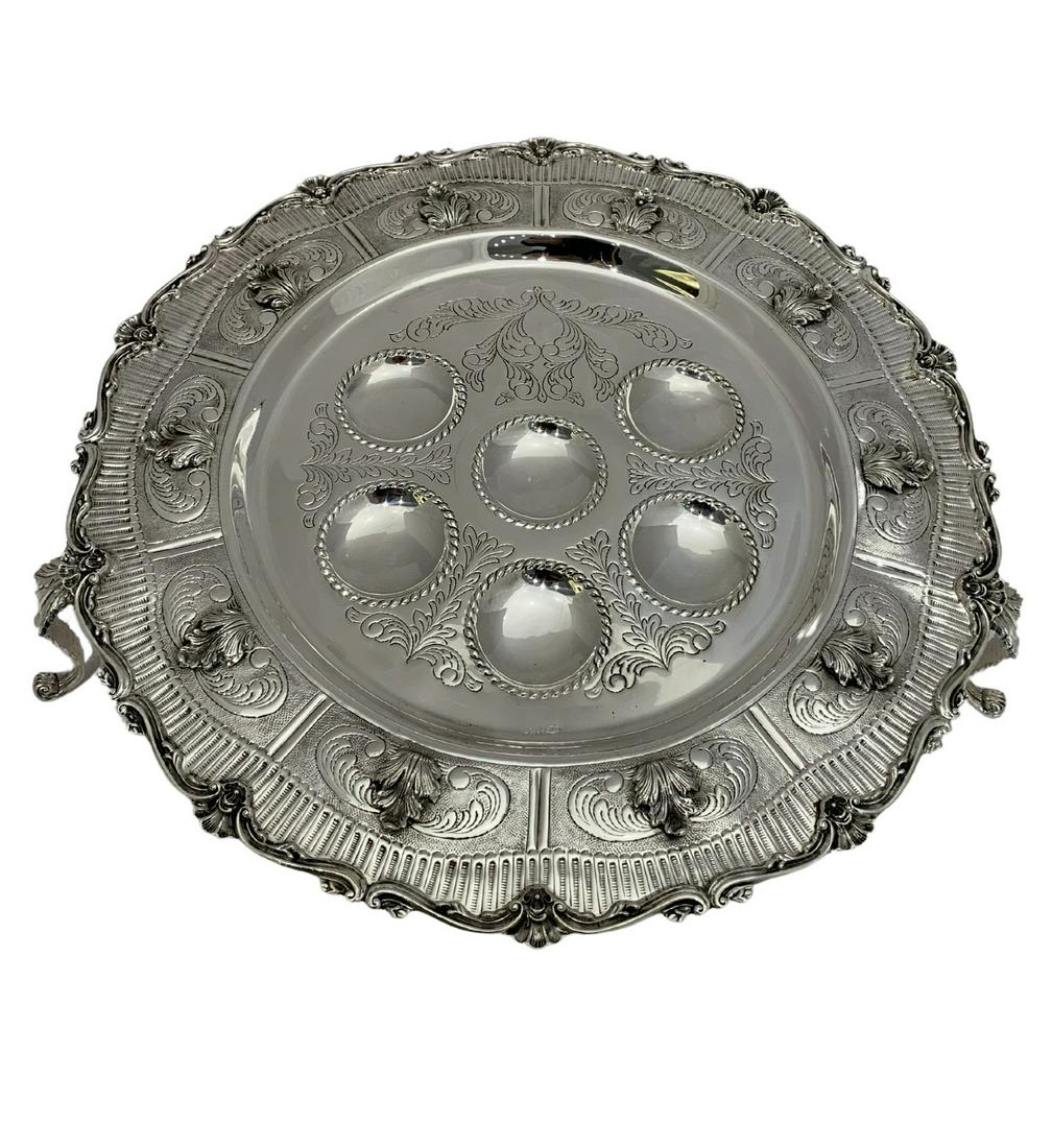 925 STERLING SILVER HANDMADE CHASED SWIRL ROPE LEAF APPLIQUE ORNATE SEDER PLATE: 925 STERLING SILVER HANDMADE CHASED SWIRL ROPE LEAF APPLIQUE ORNATE SEDER PLATE Composition: Sterling Silver Maker: Made in Turkey Fine 925 Sterling Silver Passover Seder Plate. Featuring handmade cha