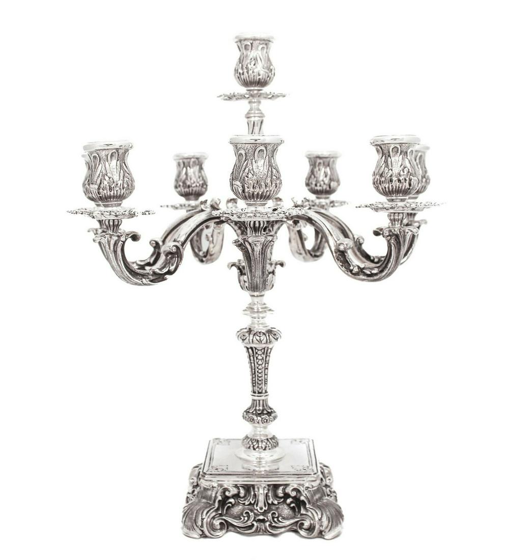 ITALIAN 925 STERLING SILVER HANDMADE HEAVY ORNATE SQUARE BASE 8 LIGHT CANDELABRA: ITALIAN 925 STERLING SILVER HANDMADE HEAVY ORNATE SQUARE BASE 8 LIGHT CANDELABRA Composition: Sterling Silver Maker: Made in Italy Fine Italian 925 Sterling Silver 8 Light Candelabra. Featuring handma