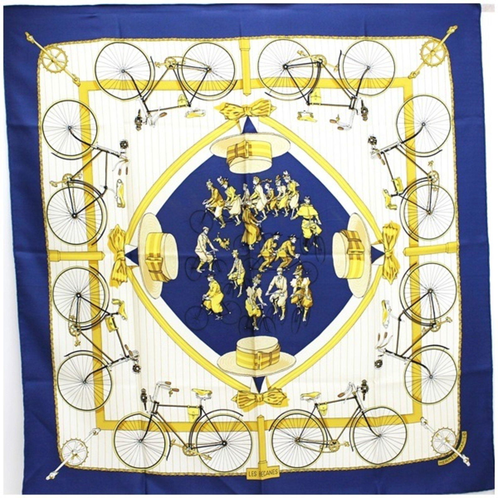 Hermes Carre 90 LES BECANES La Vacances Bicycle Silk Scarf Muffler Stole Navy x White HERMES |: Hermes Carre 90 LES BECANES La Vacances Bicycle Silk Scarf Muffler Stole Navy x White HERMES | Ladies Brand: Hermes Color: Navy White Material: Silk100% Silk: 100% Size (LxW): 90cm x 90cm / 35.43 x 35