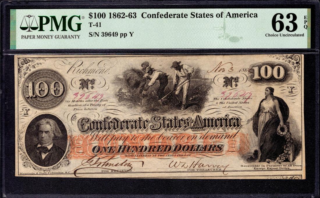 1862 $100 CONFEDERATE STATES OF AMERICA NOTE T-41 HOER PMG CHOICE UNC 63 EPQ: 1862 $100 CONFEDERATE STATES OF AMERICA NOTE T-41 HOER PMG CHOICE UNC 63 EPQ Circulated/Uncirculated: Uncirculated Denomination: $100 Type: Confederate Currency Certification Number: 2171217-007 Grade