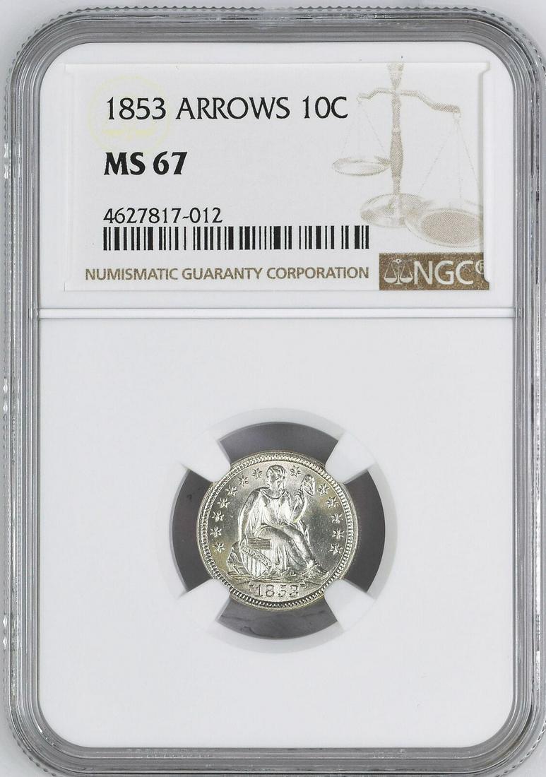 1853 LIBERTY SEATED 10C NGC MS 67: 1853 LIBERTY SEATED 10C NGC MS 67 Certification: NGC Grade: MS 67 Circulated/Uncirculated: Uncirculated Year: 1853 Denomination: 10C Certification Number: 4627817012 Pre-Owned The MYNT Guarantee: All 