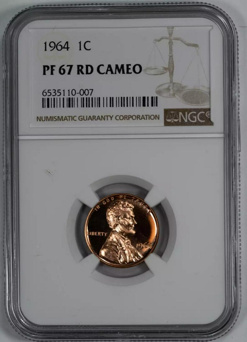 1964 PROOF LINCOLN MEMORIAL CENT PENNY 1C NGC CERTIFIED PF 67 RED CAMEO (007): 1964 PROOF LINCOLN MEMORIAL CENT PENNY 1C NGC CERTIFIED PF 67 RED CAMEO (007) Certification: NGC Composition: Copper Grade: PF-67 Year: 1964 Circulated/Uncirculated: Uncirculated Strike Type: PR Mint 