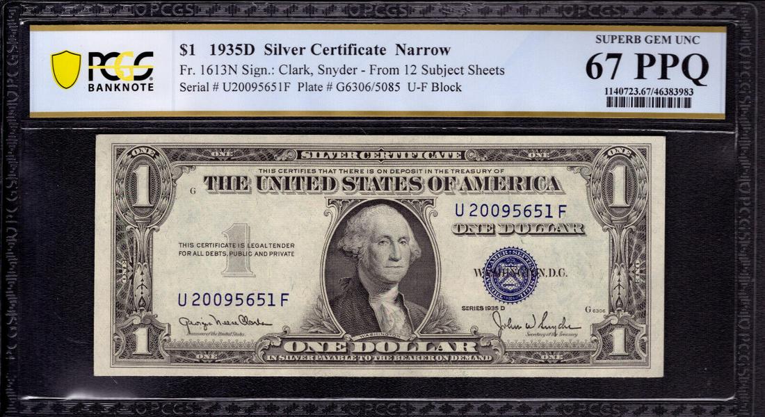 1935 D $1 SILVER CERTIFICATE NARROW FR.1613N UF BLOCK PCGS B GEM 67 PPQ TOP POP: 1935 D $1 SILVER CERTIFICATE NARROW FR.1613N UF BLOCK PCGS B GEM 67 PPQ TOP POP Circulated/Uncirculated: Uncirculated Denomination: $1 Type: Banknotes Year: 1935 Certification Number: 46383983 Grade: 