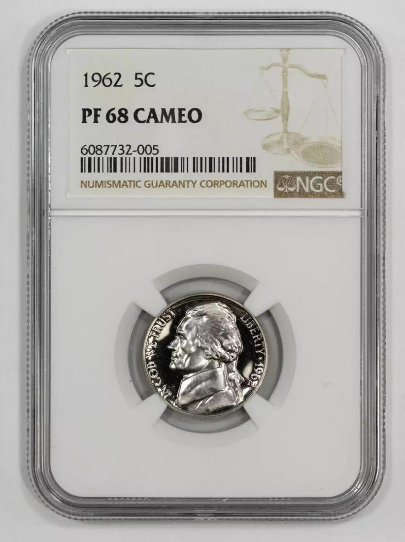 1962 PROOF JEFFERSON NICKEL 5C NGC CERTIFIED PF 68 CAMEO (005): 1962 PROOF JEFFERSON NICKEL 5C NGC CERTIFIED PF 68 CAMEO (005) Certification: NGC Composition: Nickel Grade: PF-68 Year: 1962 Circulated/Uncirculated: Uncirculated Strike Type: PR Mint Location: PHILA