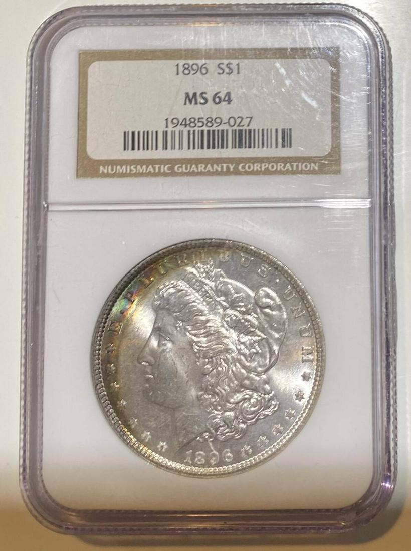1896 P Morgan Dollar NGC MS-64 Rainbow Toning: 1896 P Morgan Dollar NGC MS-64 Rainbow Toning Certification: NGC Composition: Silver Grade: MS-64 Year: 1896 Circulated/Uncirculated: Uncirculated Strike Type: MS Mint Location: Philadelphia Country: 