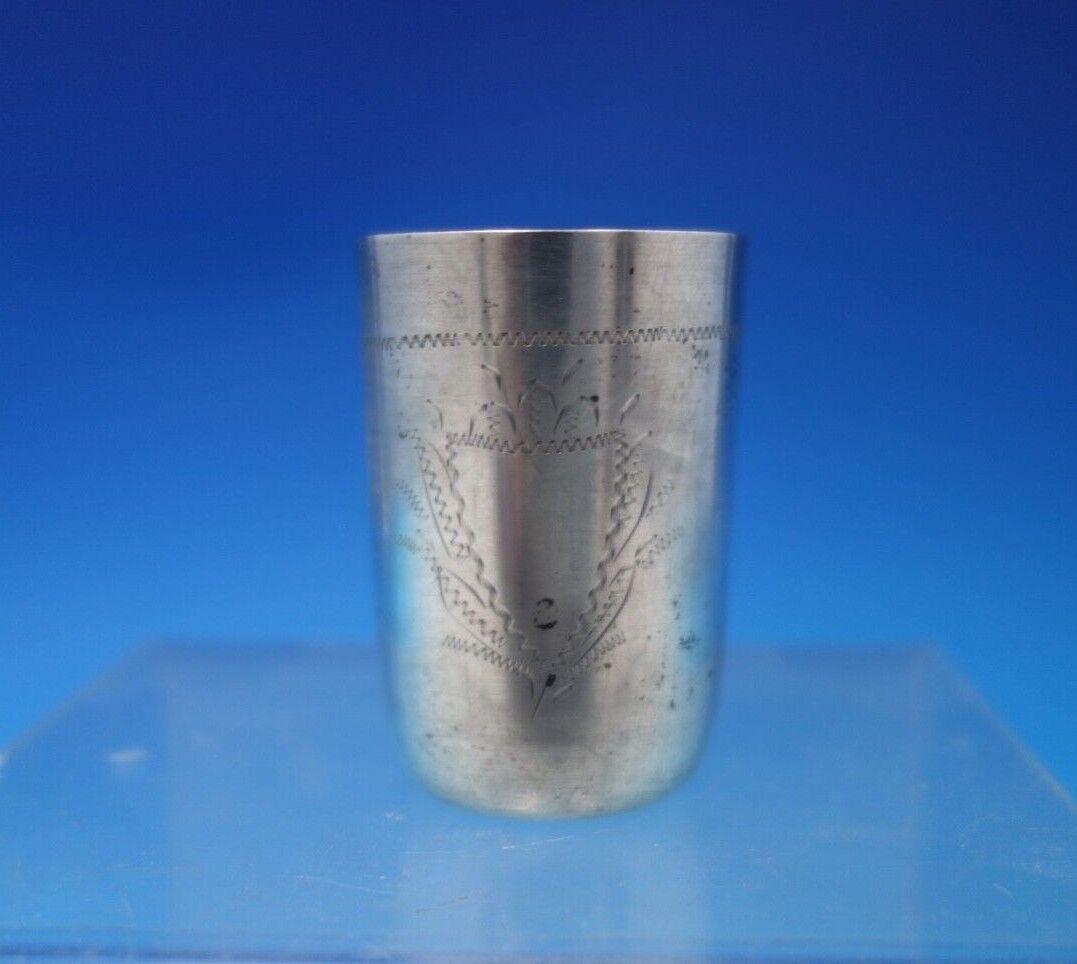 Polish Sterling Silver Kiddush Cup with Engraved Crest 2" x 1 3/8" (-2): Polish Sterling Silver Kiddush Cup with Engraved Crest 2" x 1 3/8" Superb polish sterling silver kiddush cup (maker unknown). This cup measures 2" tall x 1 3/8" in diameter and weighs 0. 85 troy ounce