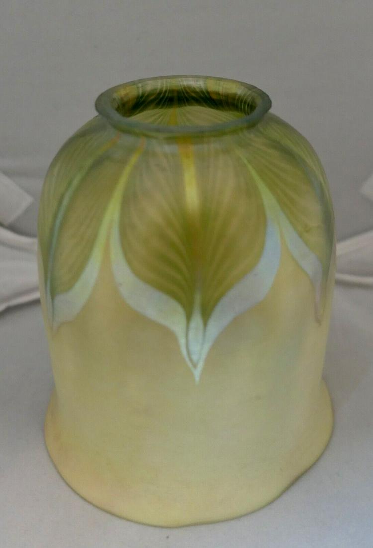 Tiffany Studios Favrile Art Glass Shade. #4: Tiffany Studios Favrile Art Glass Shade. #4 Style: Art Nouveau Material: Glass Original/Reproduction: Antique Original Type: lamp shade Features: Signed Object Type: lamp shade Color: green/gold iride