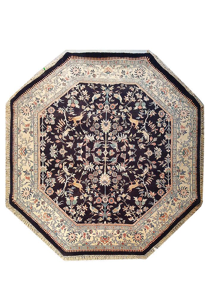 6 x 7 OCTAGONAL Wool Hand-Knotted Rug Paradise Black: 6 x 7 OCTAGONAL Wool Hand-Knotted Rug Paradise Black Size in Feet: Width:6.6x Length:6.7 Size in Inches: Width:78in x Length:79in Rug Type: Area Rug Colors: Black Torrquise Rust green Weave: Hand-Knot