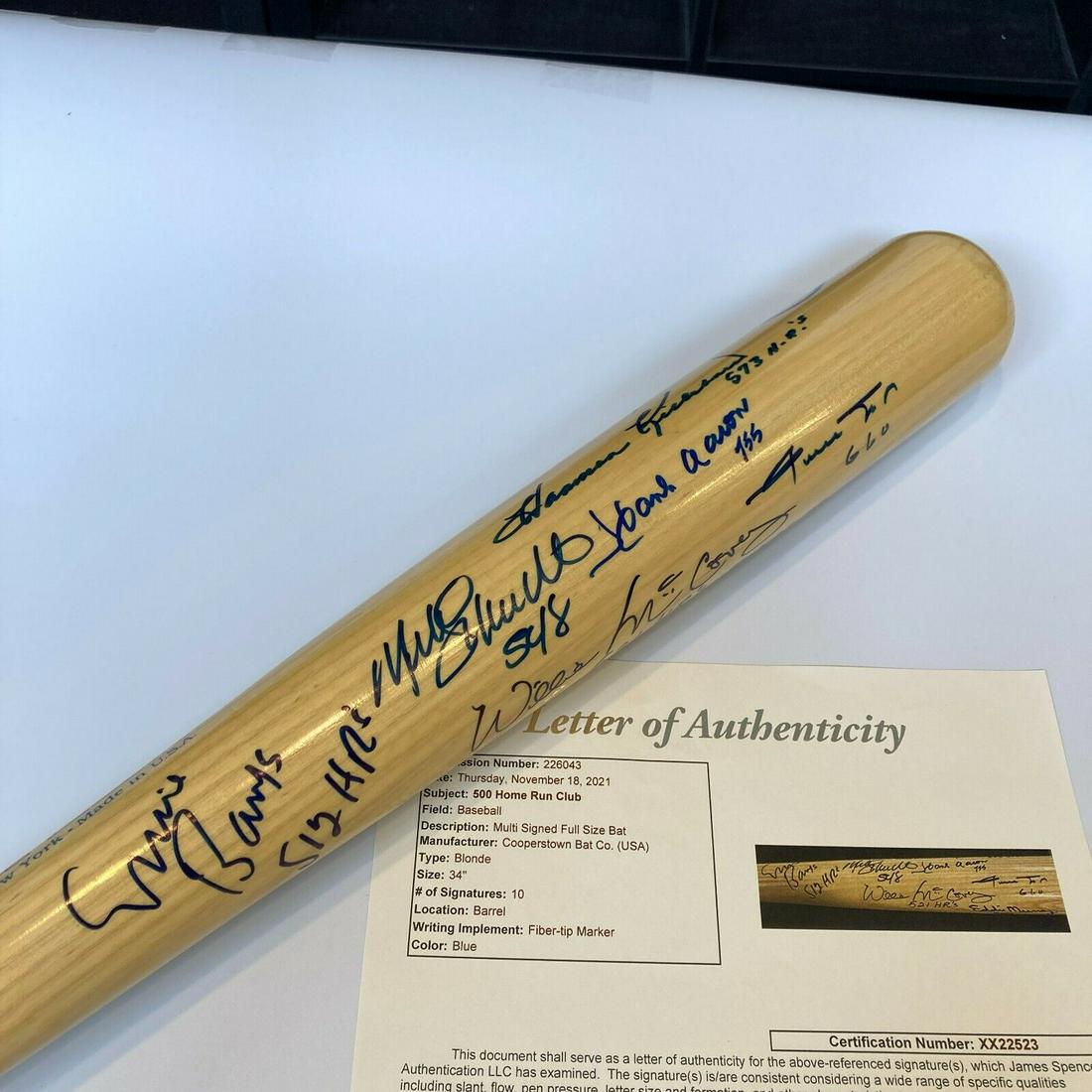 Mint 500 Home Run Club Signed Bat With Inscriptions Willie Mays Hank Aaron JSA: Mint 500 Home Run Club Signed Bat With Inscriptions Willie Mays Hank Aaron JSA Product: Bat Sport: Baseball-MLB Autograph Authentication: James Spence Authentication (JSA) Player: Willie Mays Original