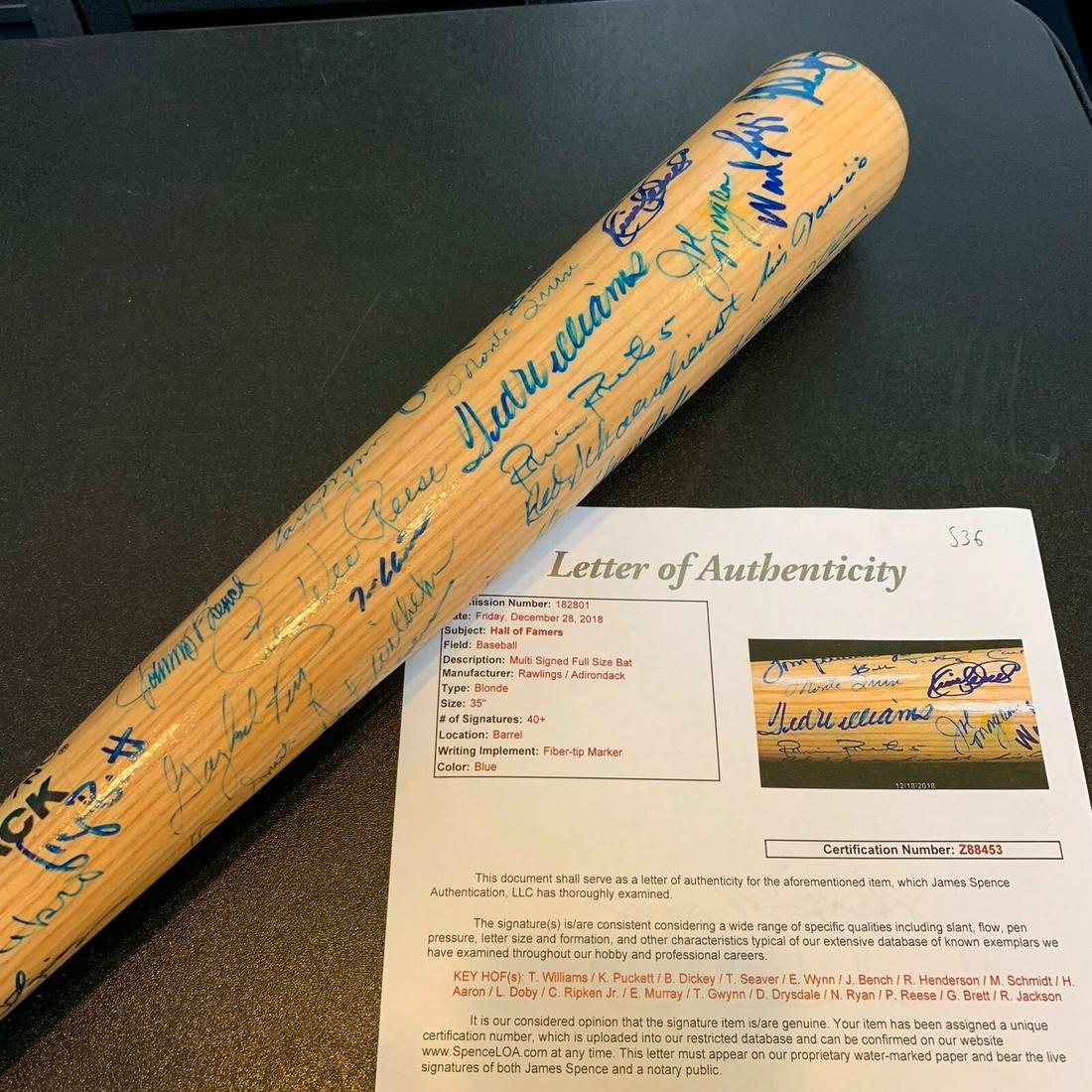 Beautiful Hall Of Fame Multi Signed Bat 53 Sigs Ted Williams Hank Aaron JSA: Beautiful Hall Of Fame Multi Signed Bat 53 Sigs Ted Williams Hank Aaron JSA Product: Bat Sport: Baseball-MLB Autograph Authentication: James Spence (JSA) Original/Reprint: Original Pre-Owned PLEASE NO