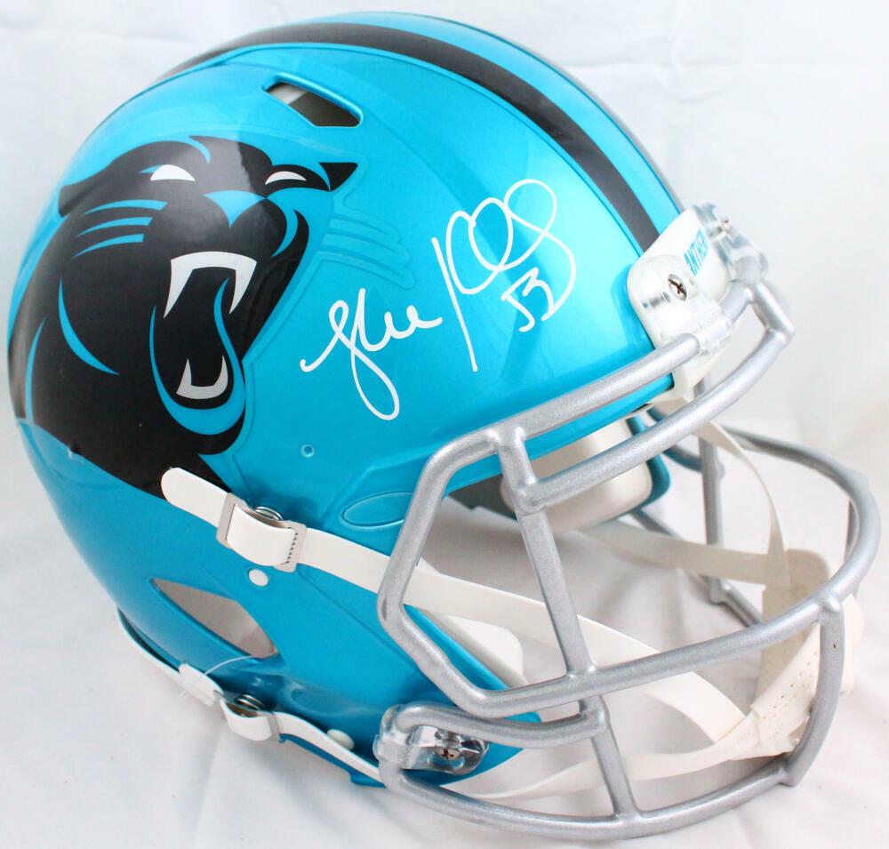Luke Kuechly Autographed Panthers F/S Flash Speed Helmet-BeckettW Holo: Luke Kuechly Autographed Panthers F/S Flash Speed Helmet-BeckettW Holo Sport: Football-NFL Product: Replica Helmet Original/Reprint: Original Player: Luke Kuechly Team: Carolina Panthers Autograph Aut