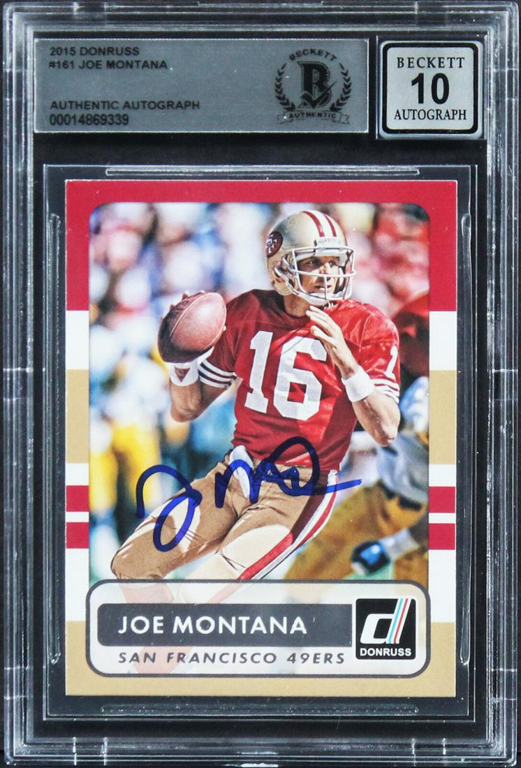 49ers Joe Montana Signed 2015 Donruss #161 Card Auto 10! BAS Slabbed: 49ers Joe Montana Signed 2015 Donruss #161 Card Auto 10! BAS Slabbed Graded: Yes Sport: Football-NFL League: NFL Team: San Francisco 49ers Certification Number: 14869339QTY Product Coa: Beckett Produc