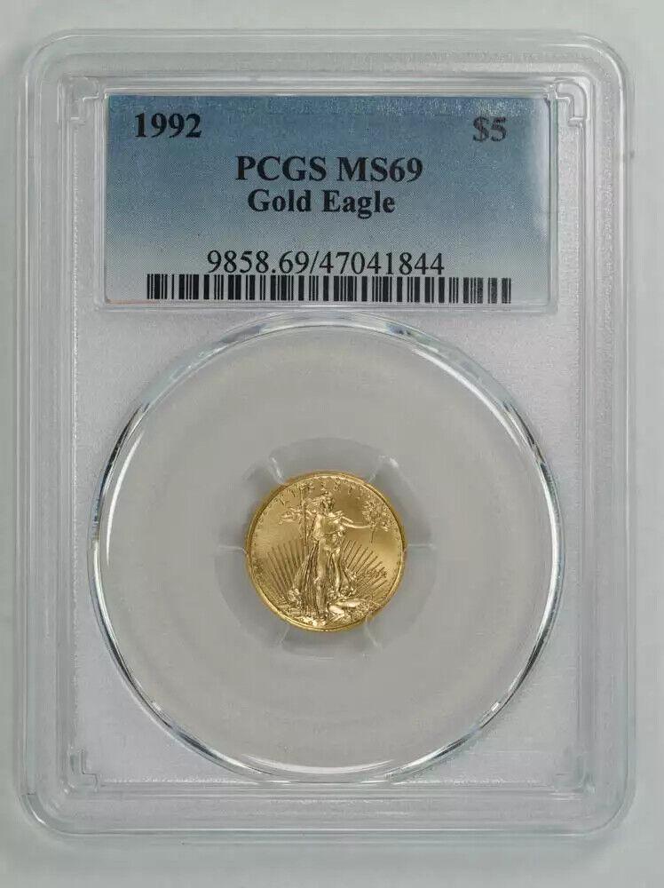 1992 AMERICAN GOLD EAGLE $5 PCGS MS 69 MINT STATE UNC 1/10 OZ 999 FINE GOLD (844: 1992 AMERICAN GOLD EAGLE $5 PCGS MS 69 MINT STATE UNC 1/10 OZ 999 FINE GOLD (844 Certification: PCGS Composition: Gold Grade: MS 69 Year: 1992 Circulated/Uncirculated: Uncirculated Mint Location: PHIL