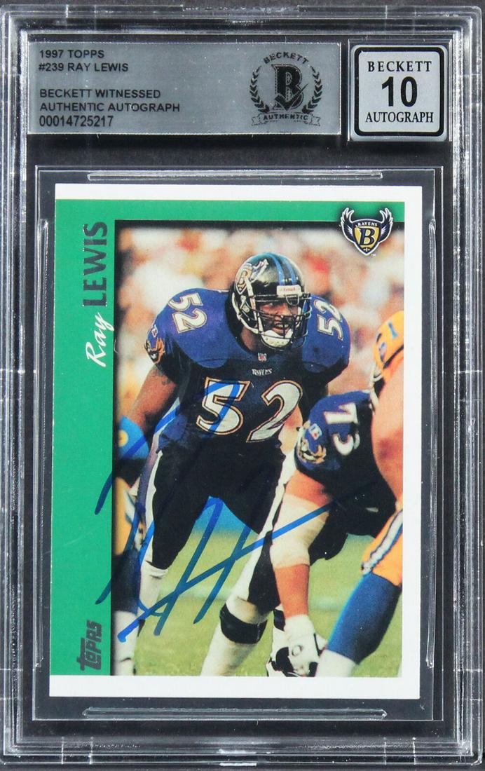 Ravens Ray Lewis Signed 1997 Topps #239 Card Auto 10! BAS Slabbed: Ravens Ray Lewis Signed 1997 Topps #239 Card Auto 10! BAS Slabbed Graded: Yes Sport: Football-NFL League: NFL Team: Baltimore Ravens Certification Number: 14725217QTY Product Coa: Beckett Product Sign