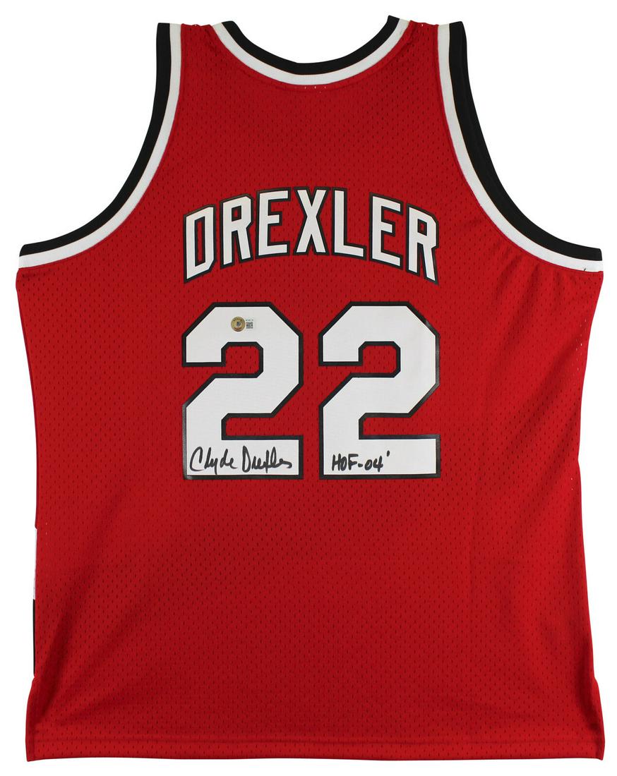 Blazers Clyde Drexler "HOF 04" Signed Red Mitchell & Ness Jersey BAS Witnessed: Blazers Clyde Drexler "HOF 04" Signed Red Mitchell & Ness Jersey BAS Witnessed Sport: Basketball-NBA Product: Jersey Original/Reprint: Original Player: Clyde Drexler Autograph Authentication: Beckett 