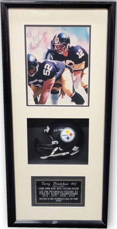 Terry Bradshaw Signed Autographed Framed Photo w/ Mini Helmet: Terry Bradshaw Signed Autographed Framed Photo w/ Mini Helmet Sport: Football-NFL Product: Photo Original/Reprint: Original Player: Terry Bradshaw Team: Pittsburgh Steelers Autograph Authentication: M