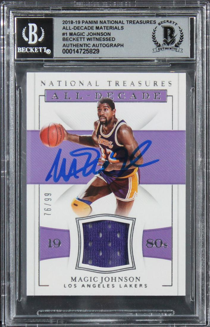 Magic Johnson Signed 2018 Panini Nat Treasures #1 #76/99 Card Auto 10! BAS Slab: Magic Johnson Signed 2018 Panini Nat Treasures #1 #76/99 Card Auto 10! BAS Slab Graded: Yes Sport: Basketball-NBA League: NBA Team: Los Angeles Lakers Certification Number: 14725829 Product Coa: Becke