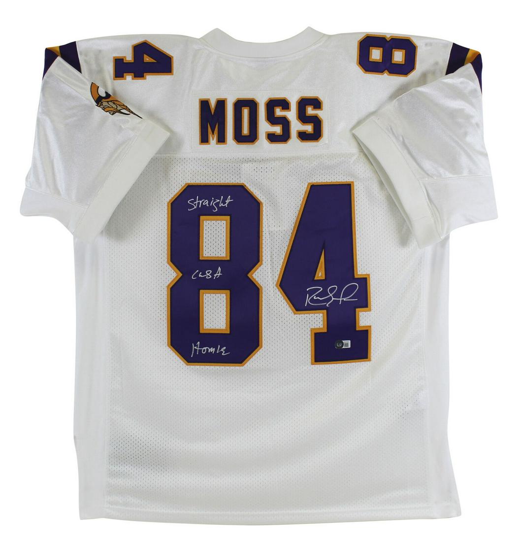 Vikings Randy Moss "Straight Cash Homie" Signed White M&N Jersey BAS Witnessed: Vikings Randy Moss "Straight Cash Homie" Signed White M&N Jersey BAS Witnessed Sport: Football-NFL Product: Jersey Original/Reprint: Original Player: Randy Moss Team: Minnesota Vikings Autograph Authe