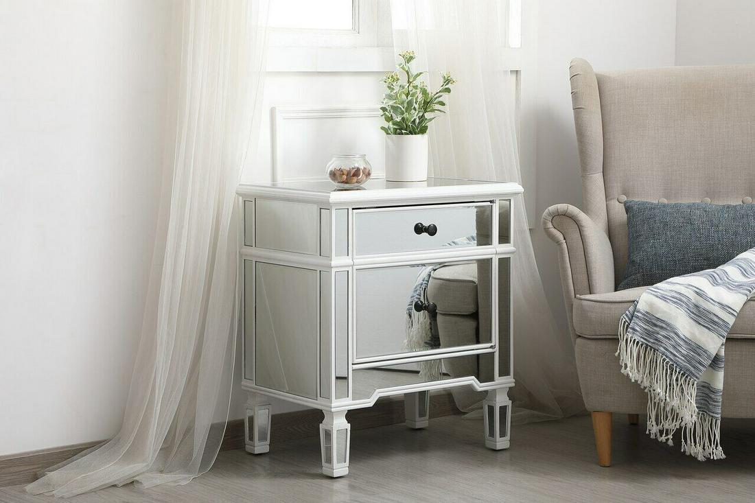 ANTIQUE WHITE AND MIRRORED DRESSER SIDE TABLE LIVING DINING ROOM BEDROOM CABINET: ANTIQUE WHITE AND MIRRORED DRESSER SIDE TABLE LIVING DINING ROOM BEDROOM CABINET Item Depth: 16" Item Height: 27 in Easy:: ASSEMBLY Warranty:: 1 year on finish and frame Item Width: 24 in Size:: HT. 2