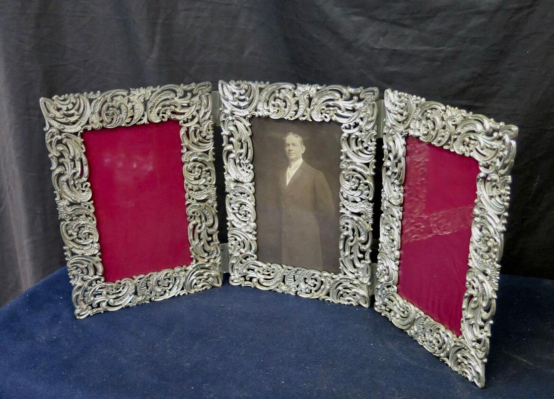 Victorian Silver-Plate Triple Photo Frame: Victorian Silver-Plate Triple Photo Frame Item Width: 20 in Primary Material: silver-plate Item Length: 2 in Item Height: 9 in Age: 1850-1899 Style: Victorian Color: Silver Type: Picture Frames Origin