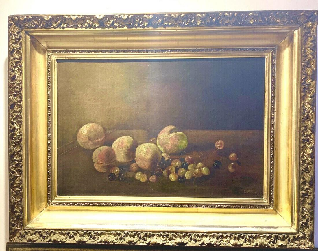 AMERICAN OIL ON CANVUS PAINTING STILL LIFE OF FRUITS SIGNED LEVI WELLS PRENTICE: AMERICAN OIL ON CANVUS PAINTING STILL LIFE OF FRUITS SIGNED LEVI WELLS PRENTICE Pre-Owned PLEASE NOTE: LOCAL PICK UP IS NOT AN OPTION AND ALL ITEMS IN THIS AUCTION MUST BE SHIPPED. We offer Free Shipp