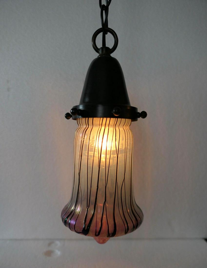 Palme-Koenig Pendant Fixture: Palme-Koenig Pendant Fixture Type: Ceiling Light Color: Clear with threads Time Period Manufactured: 1910 - 1940 Material: Glass Mounting: Ceiling Mounted Manufacturer: Loetz This vintage early 20th c