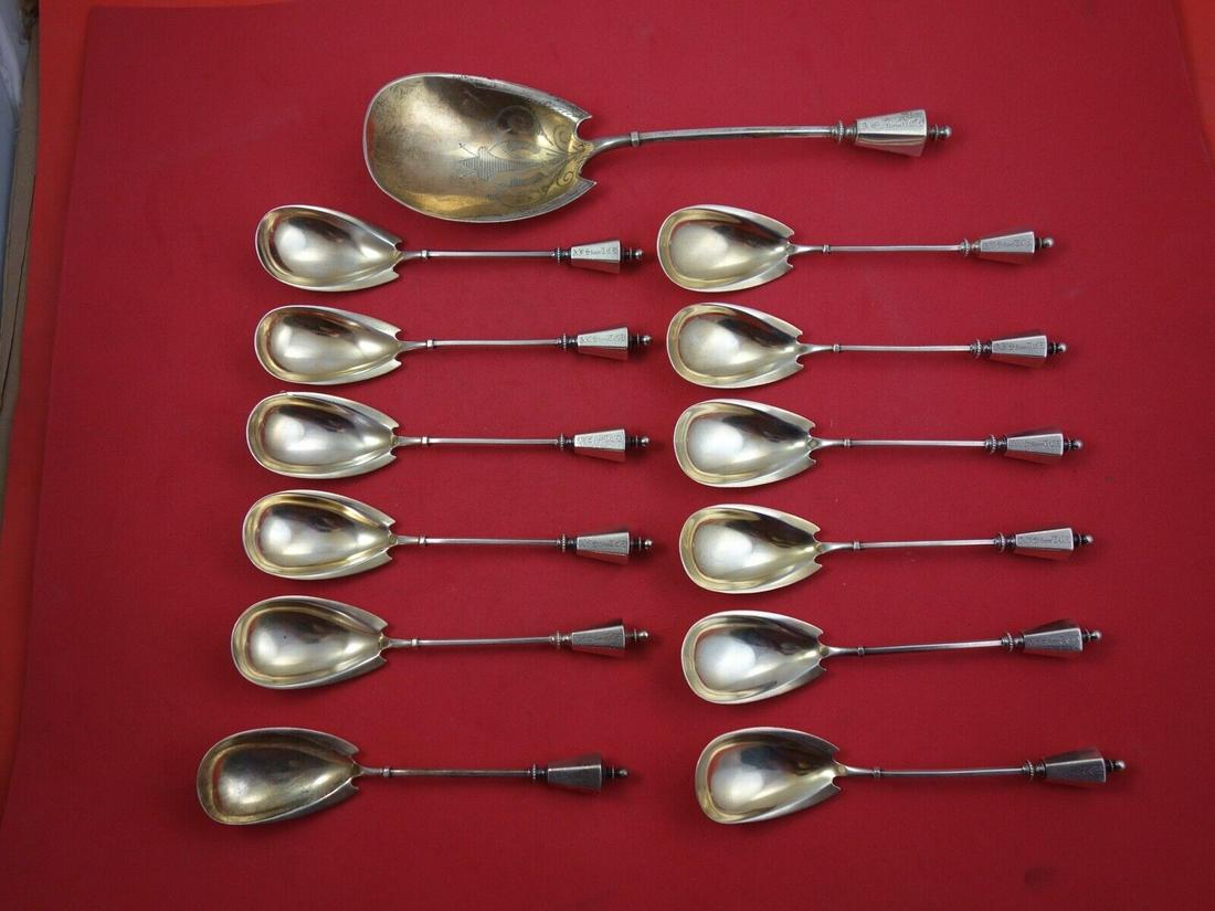 George Sharp Sterling Silver Ice Cream Set 13-pc GW server 9" spoons 5 7/8": George Sharp Sterling Silver Ice Cream Set 13-pc GW server 9" spoons 5 7/8" George sharpsterling silver ice cream set 13-pc bright-cut, server 9" ice cream spoons gw 5 7/8" by george sharp. It is not