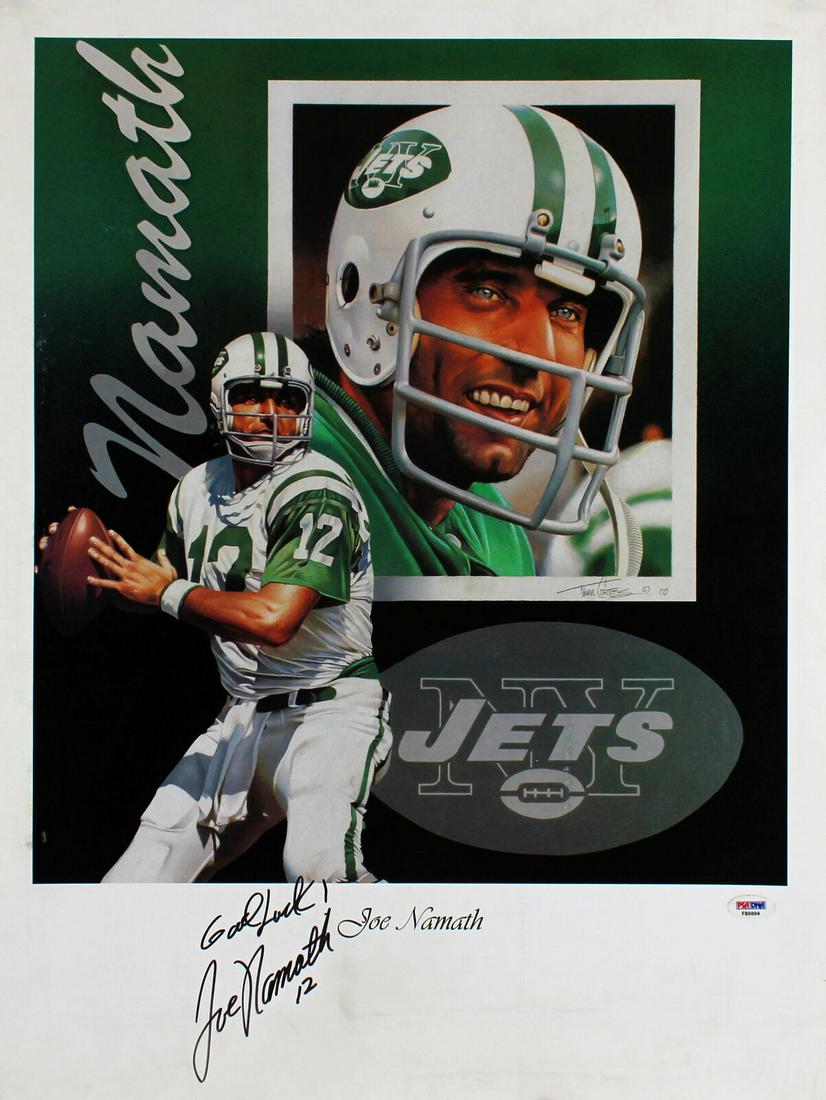 Jets Joe Namath Good Luck Signed 18x24 Poster Autographed PSA #F80004: Jets Joe Namath Good Luck Signed 18x24 Poster Autographed PSA #F80004 Sport: Football-NFL Product: Lithograph Poster & Print Original/Reprint: Original Player: Joe Namath Team: New York Jets Autograph