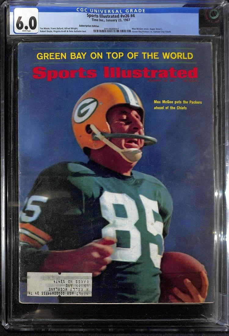 Max McGee 1967 Sports Illustrated Super Bowl I Packers V26 CGC 6: Max McGee 1967 Sports Illustrated Super Bowl I Packers V26 CGC 6 Player: Max McGee Sport: Football Year: 1967 Authentication: CGC Team-NFL: Green Bay Packers Original/Reproduction: Original Grade: 6.0
