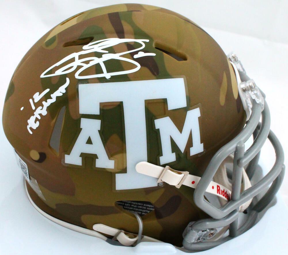 Johnny Manziel Autographed TX A&M Camo Speed Mini Helmet w/Insc.-Beckett W Holo: Johnny Manziel Autographed TX A&M Camo Speed Mini Helmet w/Insc.-Beckett W Holo Sport: Football-NCAA Product: Helmet Original/Reprint: Original Player: Johnny Manziel Team: Texas A&M Autograph Aut