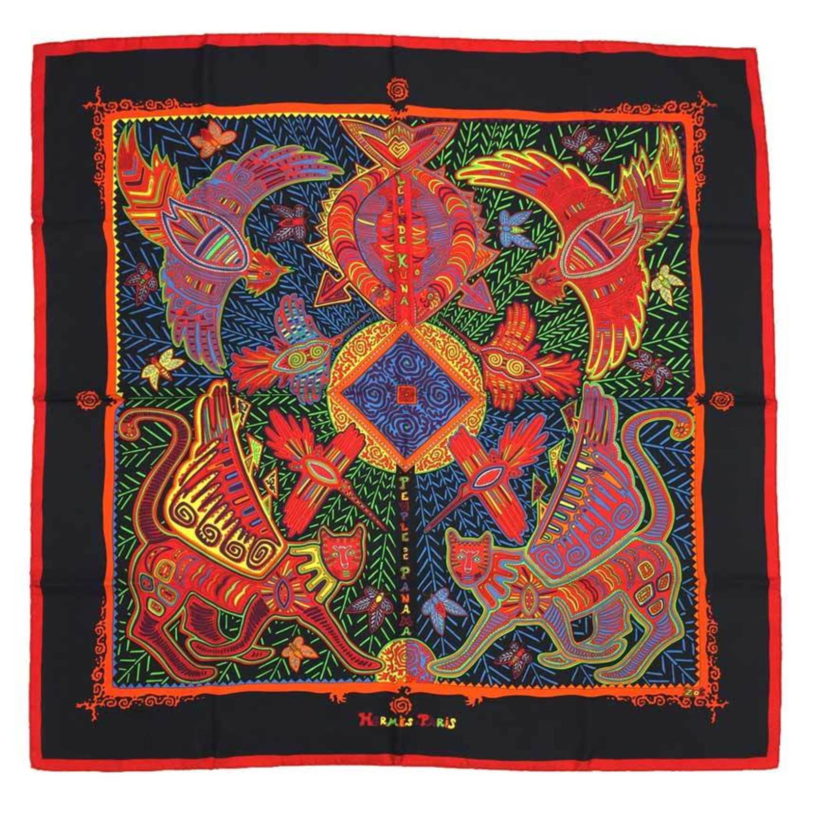 HERMES Hermes Scarf Carre 90 LEGENDE KUNA PEUPLE DE PANAMA Legend of the Kuna Tribe Panama Black: HERMES Hermes Scarf Carre 90 LEGENDE KUNA PEUPLE DE PANAMA Legend of the Kuna Tribe Panama Black 100% Silk Muffler Brand: Hermes Country of Origin: France Number in Pack: 1 Type: Scarf Gender: Women C