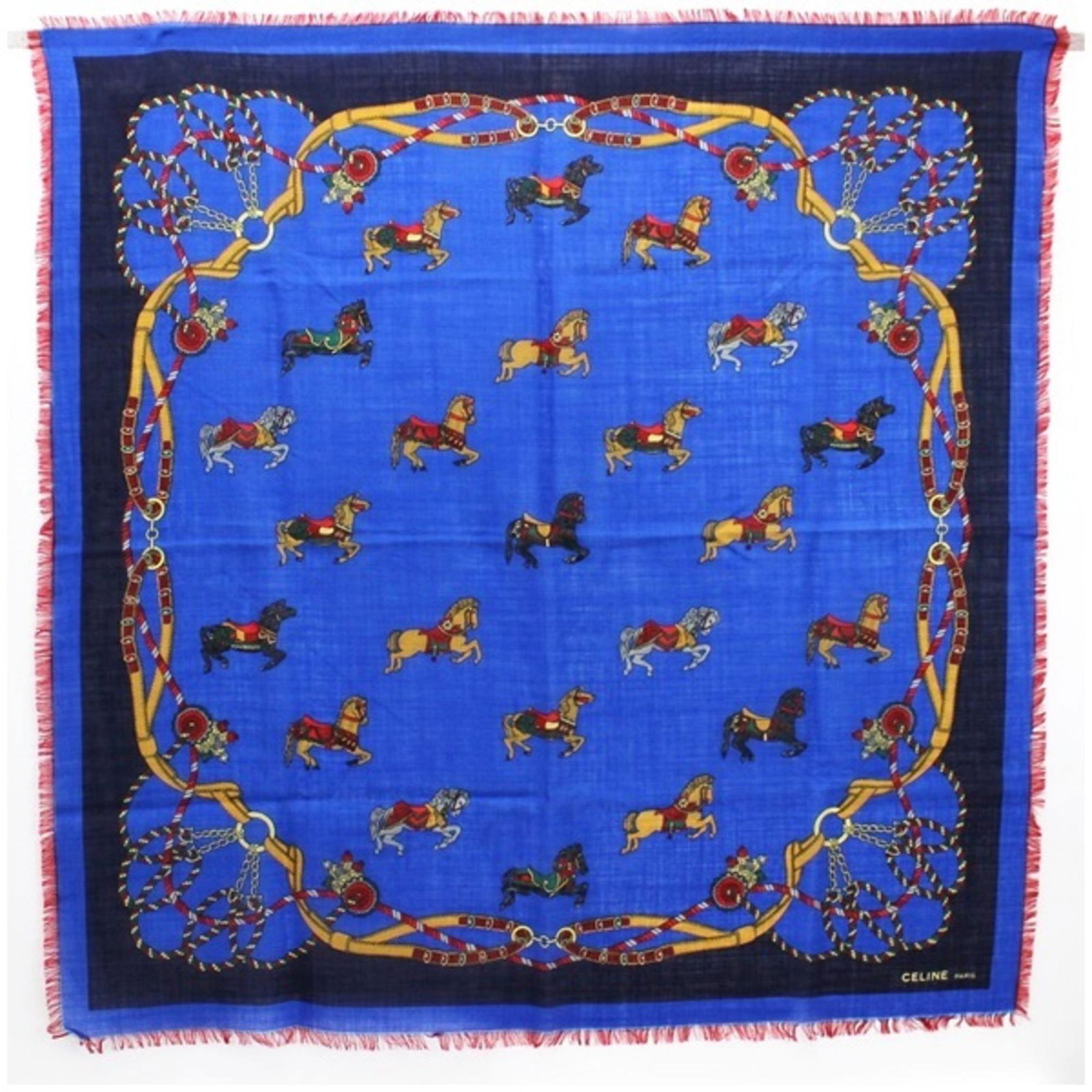 Celine wool scarf muffler blue horse pattern CELINE ladies stole: Celine wool scarf muffler blue horse pattern CELINE ladies stole Brand: Celine Type: Scarf Gender: Women Color: Blue Material: Wool100% Wool: 100% Size (LxW): 86cm x 86cm / 33.85 x 33.85 Condition: Us