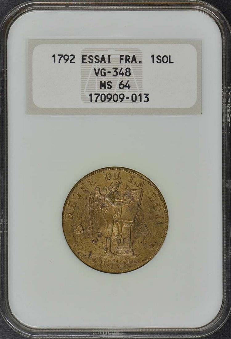 1792 FRANCE ESSAI VG-348 Maz-341 1Sol NGC MS64 Top Pop: 1792 FRANCE ESSAI VG-348 Maz-341 1Sol NGC MS64 Top Pop Circulated/Uncirculated: Uncirculated Year: 1792 Certification: NGC Certification Number: 170909013 Grade: MS64 Pre-Owned The MYNT Guarantee: All