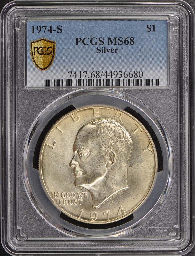 1974-S $1 Silver Ike Dollar - Type 2 Silver PCGS MS68: 1974-S $1 Silver Ike Dollar - Type 2 Silver PCGS MS68 Certification: PCGS Certification Number: 44936680 Grade: MS68 Year: 1974 Circulated/Uncirculated: Uncirculated Mint Location: San Francisco Desig