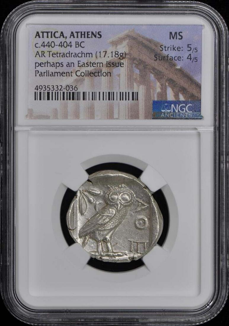 c.440-404 BC ATTICA ATHENS AR Tetradrachm NGC MS60: c.440-404 BC ATTICA ATHENS AR Tetradrachm NGC MS60 Certification: NGC Certification Number: 4935332036 Denomination: Ancient Greek Grade: MS60 Date: NONE Pre-Owned The MYNT Guarantee: All items in thi