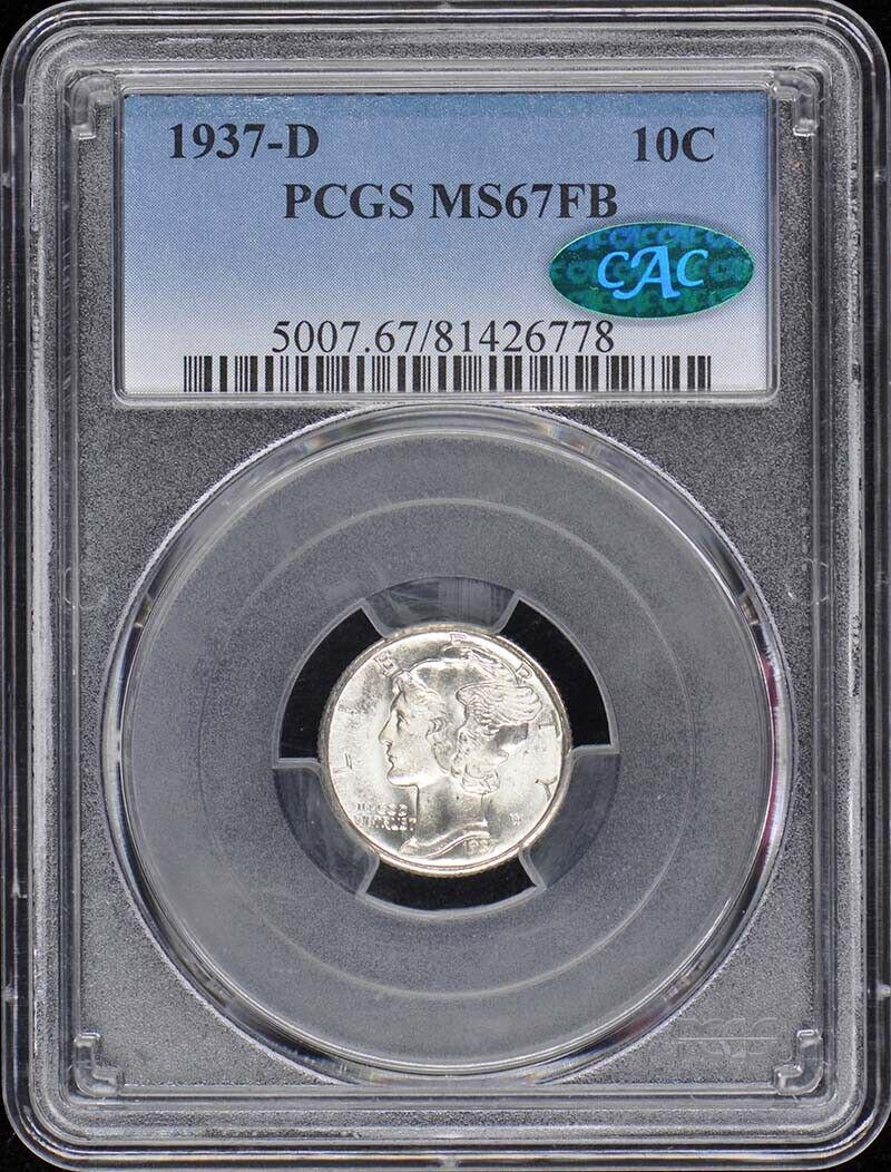 1937-D 10C Mercury Dime PCGS MS67FB (CAC): 1937-D 10C Mercury Dime PCGS MS67FB (CAC) Certification: PCGS Certification Number: 81426778 Grade: MS67 Year: 1937 Circulated/Uncirculated: Uncirculated Mint Location: Denver Designation: FB Denomina