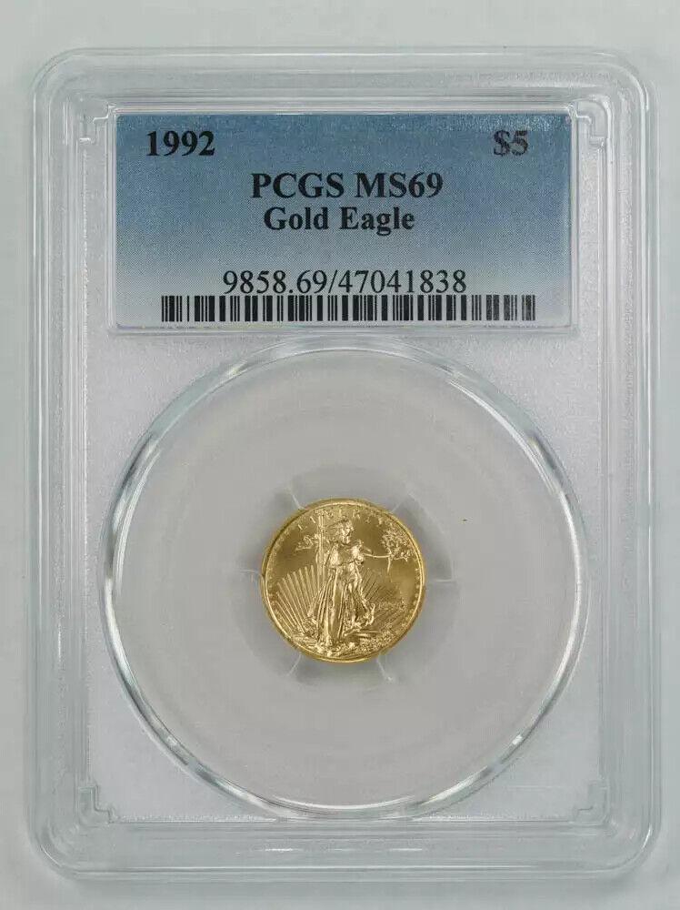 1992 AMERICAN GOLD EAGLE $5 PCGS MS 69 MINT STATE UNC 1/10 OZ 999 FINE GOLD (838: 1992 AMERICAN GOLD EAGLE $5 PCGS MS 69 MINT STATE UNC 1/10 OZ 999 FINE GOLD (838 Certification: PCGS Composition: Gold Grade: MS 69 Year: 1992 Circulated/Uncirculated: Uncirculated Mint Location: PHIL