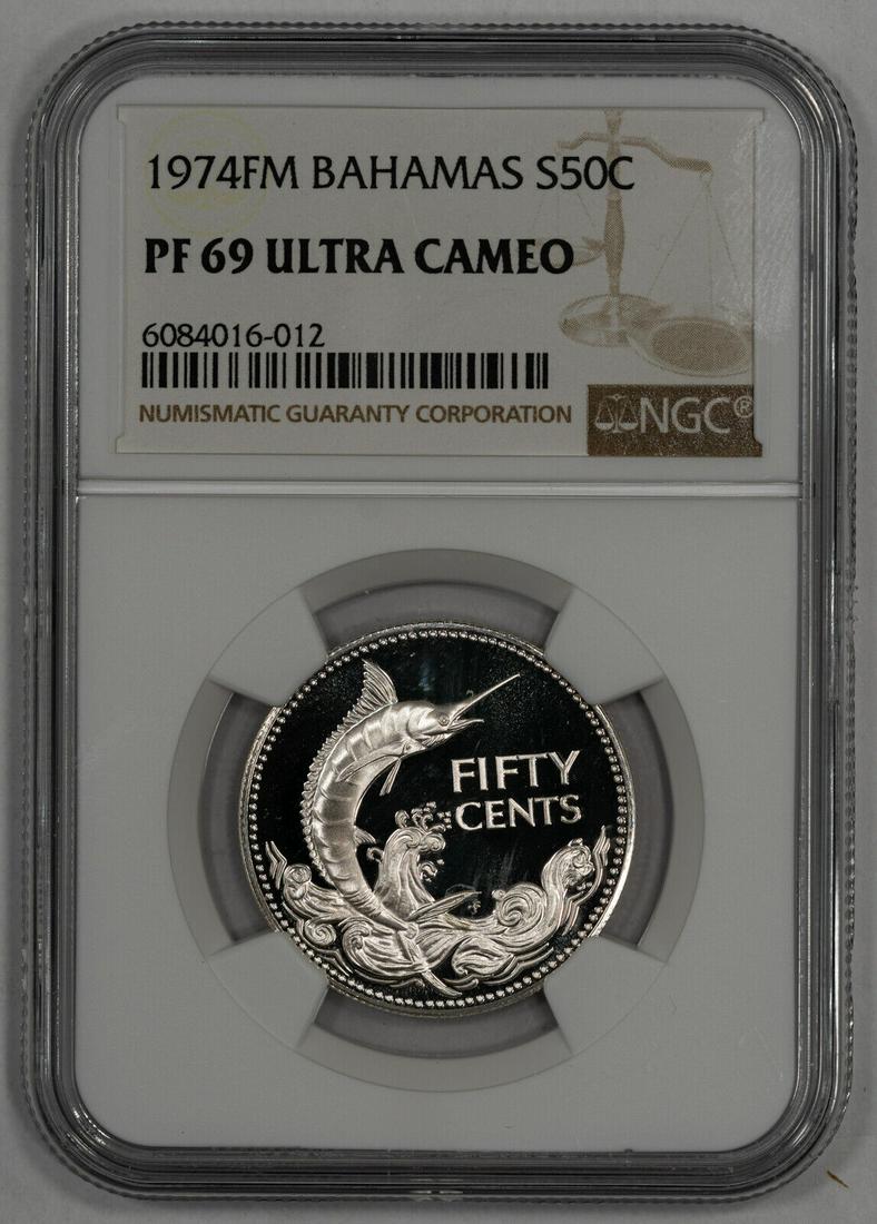 1974 FM PROOF BAHAMAS MARLIN S50C SILVER NGC CERT PF 69 ULTRA CAMEO (012): 1974 FM PROOF BAHAMAS MARLIN S50C SILVER NGC CERT PF 69 ULTRA CAMEO (012) Certification: NGC Composition: Silver Grade: PF-69 Year: 1974 Circulated/Uncirculated: Unknown Strike Type: PR Mint Location: