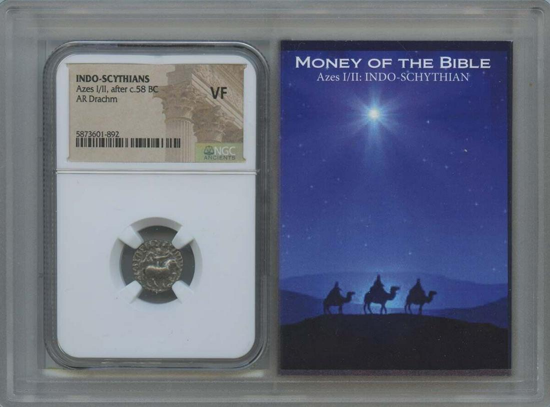 Azes I/II after c.58 BC INDO-SCYTHIANS AR Drachm NGC VF20 Story Vault: Azes I/II after c.58 BC INDO-SCYTHIANS AR Drachm NGC VF20 Story Vault Certification: NGC Grade: VF20 Certification Number: 5873601892 Date: NONE Pre-Owned The MYNT Guarantee: All items in this auction